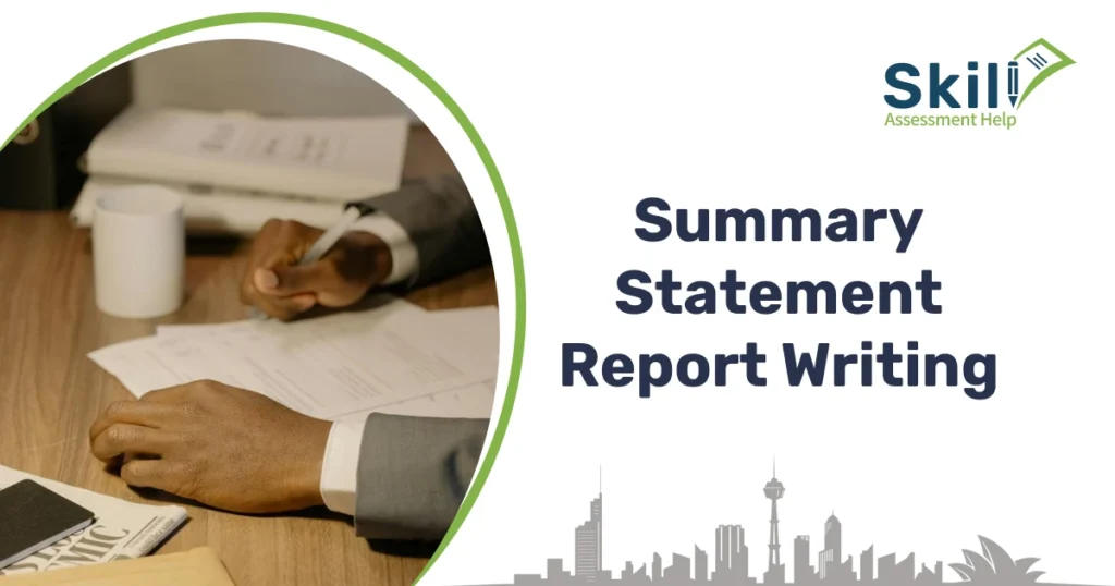 A professional writing a summary statement report at a desk with documents and coffee cup, representing report writing services for Engineers Australia.