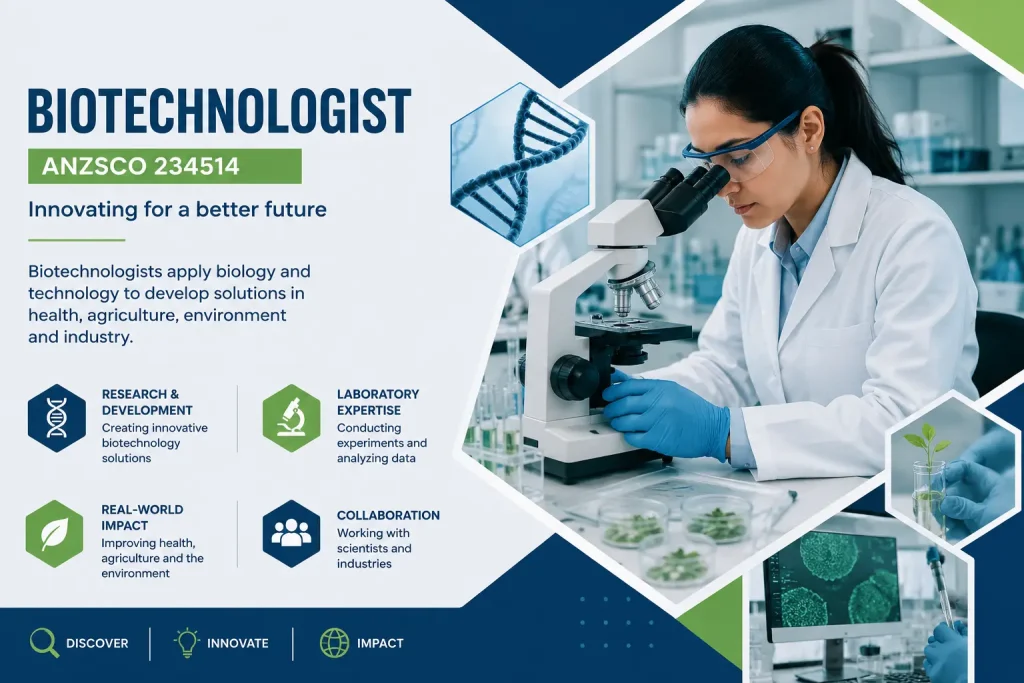 Professional biotechnologist working in a modern laboratory, using advanced scientific techniques to support biotechnology research, development, and innovation.