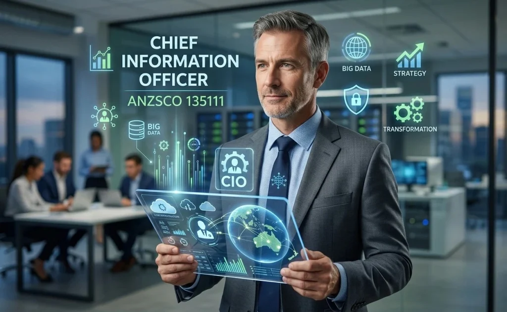 Chief Information Officer holding data screen with ANZSCO 135111 text.