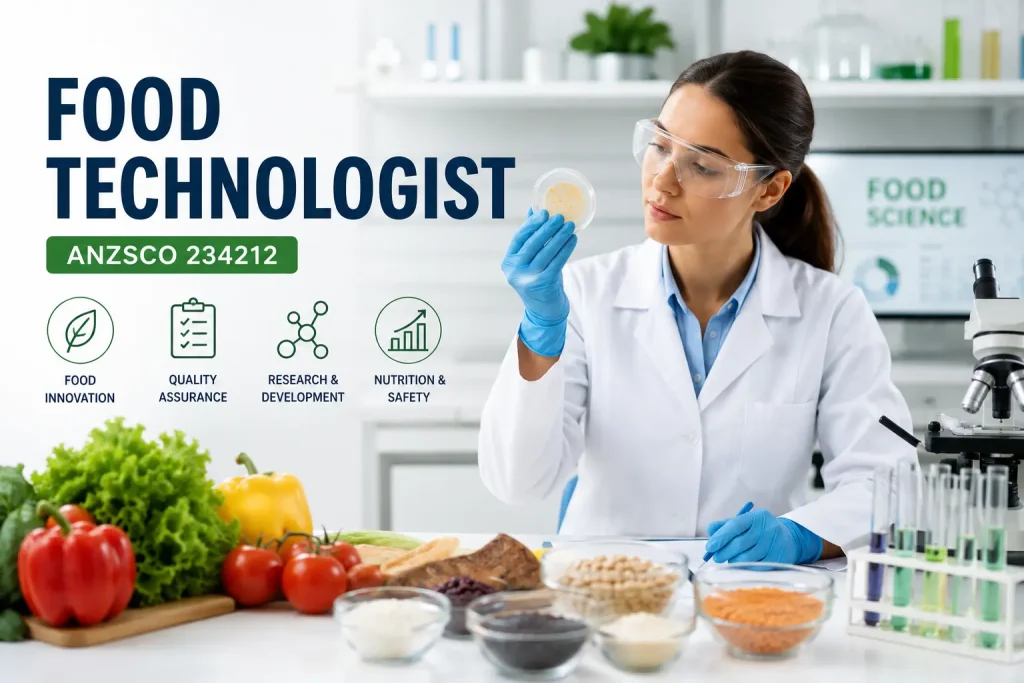 Food Technologist ANZSCO 234212 conducting food quality testing and research in a modern laboratory.