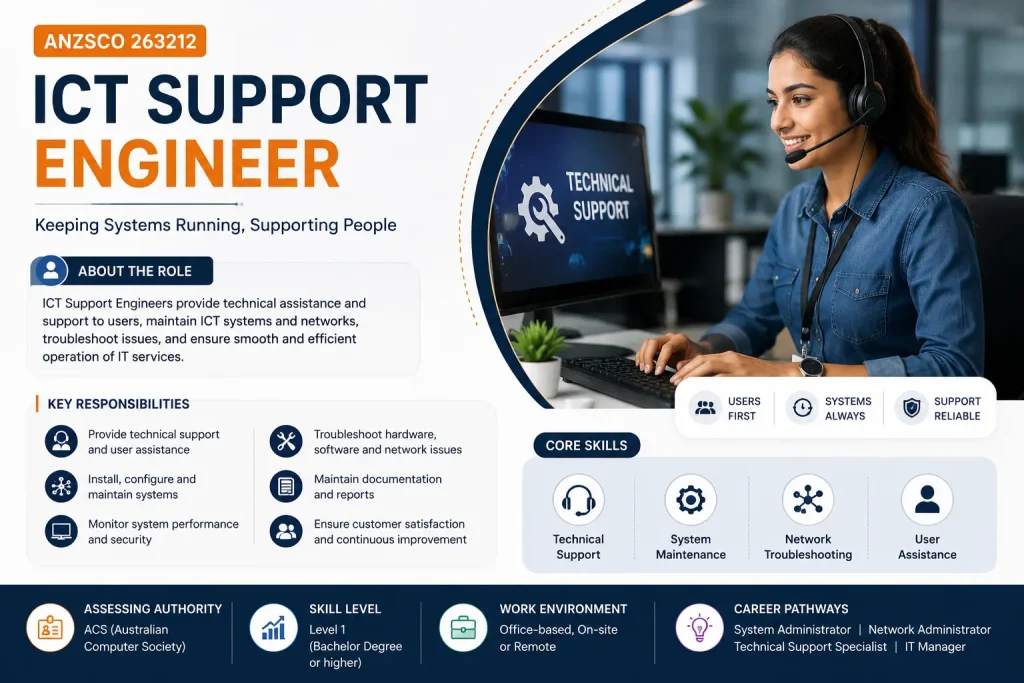 ICT Support Engineer ANZSCO 263212 providing technical support services