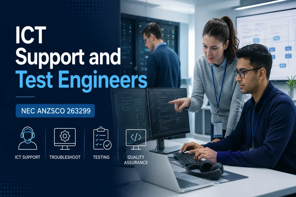 ICT Support and Test Engineers NEC ANZSCO 263299 providing technical support, system testing, and IT troubleshooting in a modern office environment.