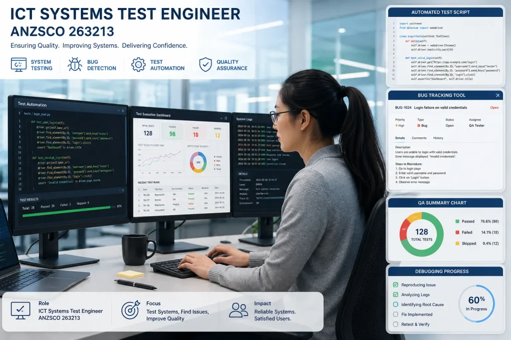 ICT systems test engineer analyzing software systems and running automated tests on a computer setup.
