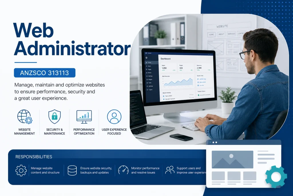 Web Administrator ANZSCO 313113 managing website maintenance, server monitoring, and system performance in an IT environment.