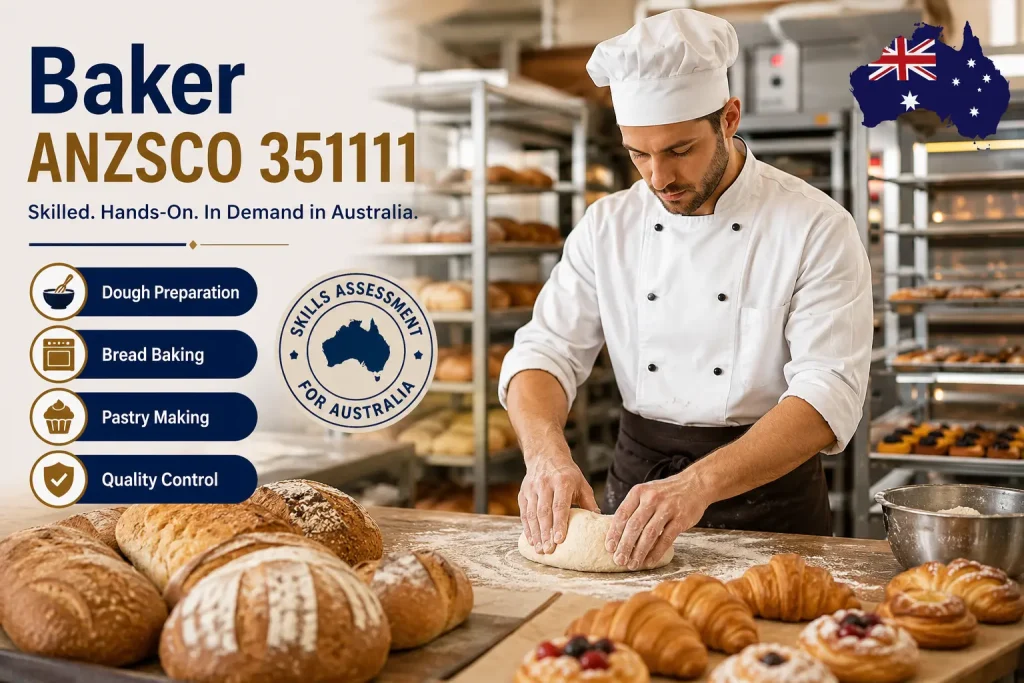 Baker ANZSCO 351111 preparing fresh bread in a commercial bakery