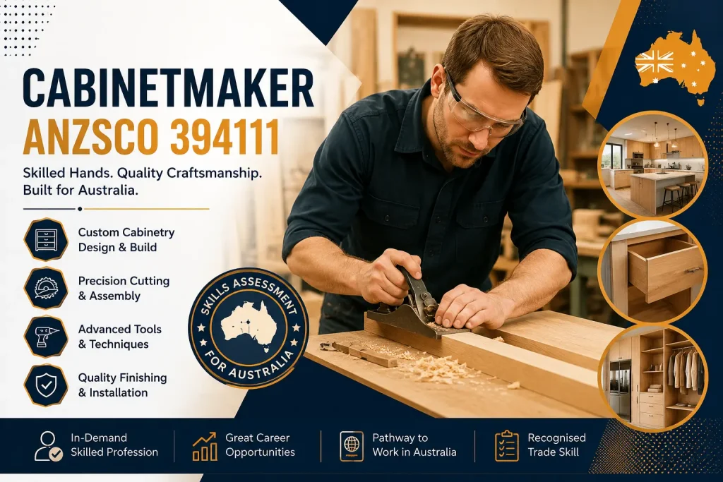 Cabinetmaker ANZSCO 394111 crafting custom cabinetry in a professional woodworking workshop