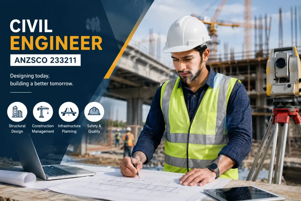 Civil Engineer ANZSCO 233211 reviewing construction plans