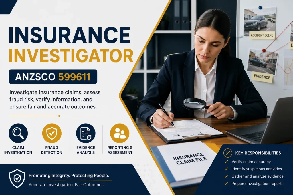 Insurance Investigator ANZSCO 599611 examining insurance claims and evidence.